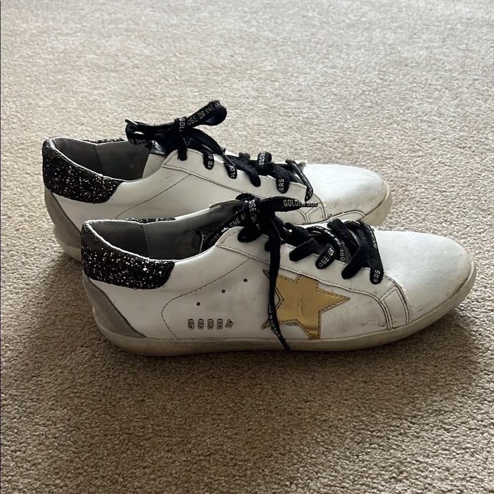 Golden Goose White and Gold Distressed Sneakers